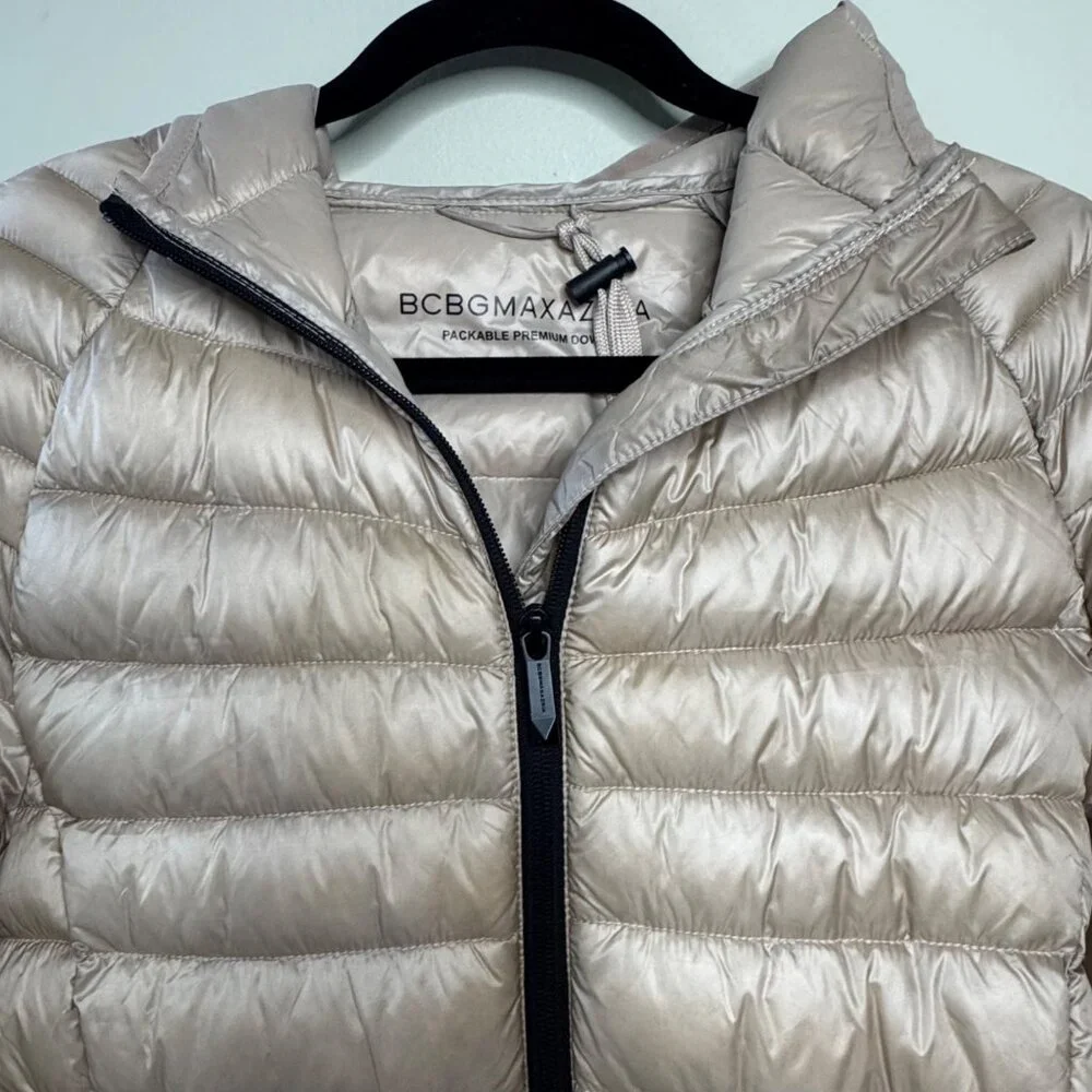 BCBG MAXAZRIA Champagne Puffer Jacket Womens S Hooded Packable Down BCBGMAXAZRIA - Picture 3 of 12